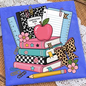 Teacher Book Stack PNG, Coquette Leopard Bow Back to School Sublimation, Apple Books Composition Shirt Png, Preppy Teacher Life Png Design image 4