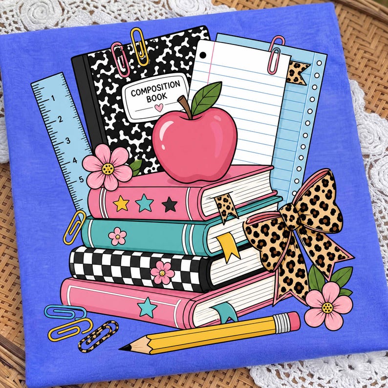 Teacher Book Stack PNG, Coquette Leopard Bow Back to School Sublimation, Apple Books Composition Shirt Png, Preppy Teacher Life Png Design image 4