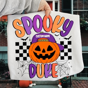 Custom name Boy Boo Ghost Halloween, Spooky Dude Pumpkin Face Halloween Boy Kid PNG, Retro Ball Cap Kid, Checkered Ghost PNG, Spooky Season