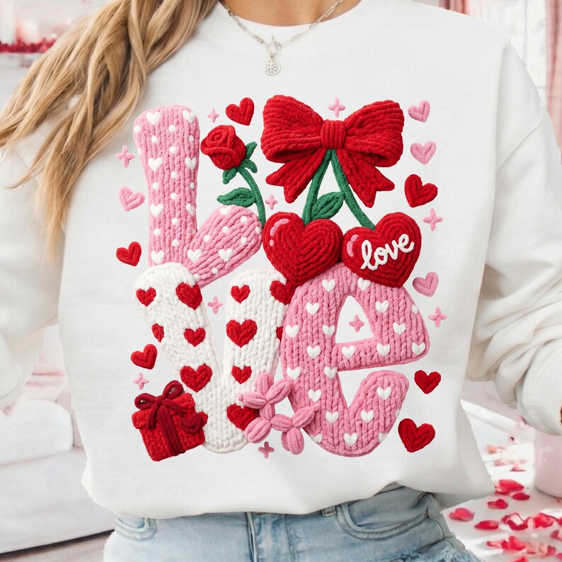 Peut inclure: Sweat-shirt blanc avec un motif "LOVE" tricot&eacute; en rose et blanc, orn&eacute; de c&oelig;urs rouges, d'un n&oelig;ud et d'une rose. Le mot "love" est &eacute;crit sur un c&oelig;ur. Une bo&icirc;te cadeau et de petites fleurs compl&egrave;tent le th&egrave;me de la Saint-Valentin.