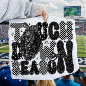 Touchdown Season PNG, Black White Game Day Shirt Design, Checkered Star Football PNG, Retro Sports Sublimation Download, Leopard Football