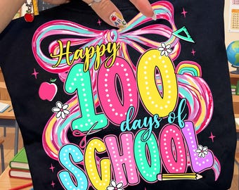 Happy 100 Days Of School Coquette Png, Retro School Png, Doodle Letters Png, Sublimation Design, Colorful Happy 100th Day Png, Teacher Png