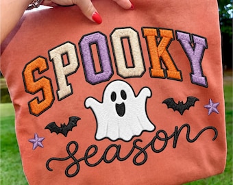 Spooky Season PNG, Faux Embroidery Halloween Sublimation, Varsity Ghost Design, Halloween Applique PNG, Cute Spooky Sublimation Design