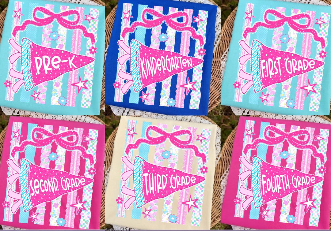 Retro Striped Floral Pennant Flag School Grade Coquette Png Bundle, Pre-K to 4th Grade Png