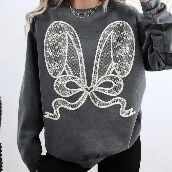 White Lace Bunny Coquette Bow png, Easter png, Lace Coquette bunny png, happy easter, Spring png, Lace bow easter png, Faux Embroidery Girly