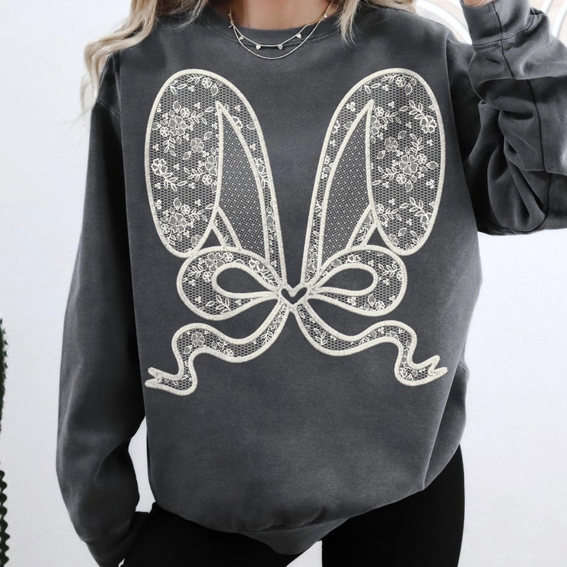 White Lace Bunny Coquette Bow png, Easter png, Lace Coquette bunny png, happy easter, Spring png, Lace bow easter png, Faux Embroidery Girly