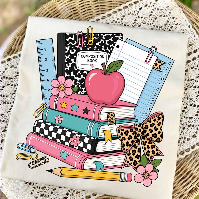 May include: A white t-shirt featuring a graphic print of a stack of books, a composition book, a ruler, a pencil, paper, paperclips, a leopard print bow, a red apple, and pink flowers. The composition book has the text COMPOSITION BOOK.