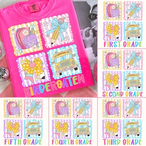 Preppy Back to School PNG Bundle, Hello Kindergarten Pre-K 1st 2d 3d 4th 5th Grades Png, Coquette First day Hand Drawn Teacher Girl