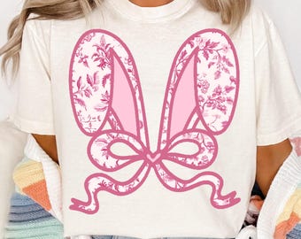 Floral Pink Toile Chinoiserie bunny png, Bunny coquette bow png, easter png, happy easter png, easter coquette png, spring png, bunny ears