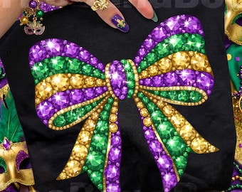 Rhinestone Mardi Gras Bow PNG, Mardi Gras Glitter Sublimation Design, Fleur De Lis Coquette Png, Mardi Gras Coquette Png, Louisiana png