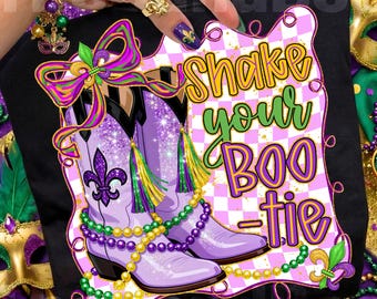 Mueve tu botín PNG, botas vaqueras de Mardi Gras, botas de carnaval, botas con borlas, Martes de Carnaval PNG, cuentas moradas, verdes y doradas, Yeehaw Mardi Gras