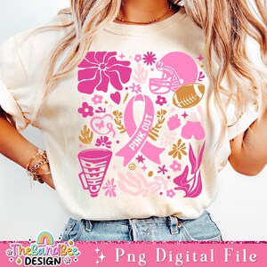 May include: Pink and gold graphic design featuring a pink ribbon, a football helmet, a football, a megaphone, and flowers. The design says "Pink Out".
