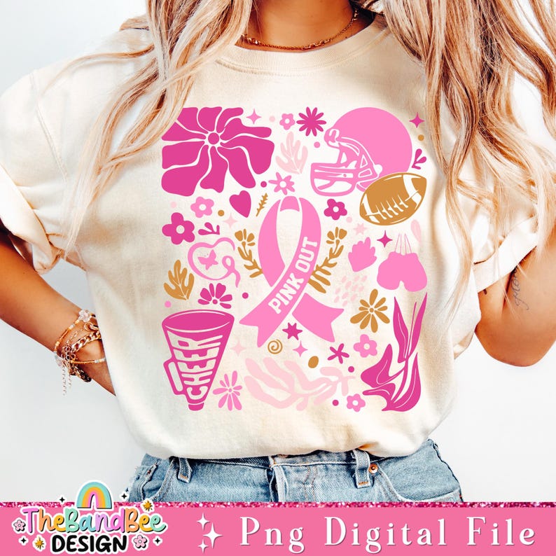 May include: Pink and gold graphic design featuring a pink ribbon, a football helmet, a football, a megaphone, and flowers. The design says "Pink Out".