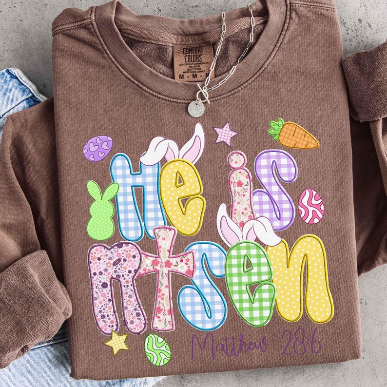 May include: Brown Comfort Colors sweatshirt with the words "He is Risen" in colorful, patterned letters. Easter-themed graphics include a bunny, eggs, and a carrot. The text "Matthew 28:6" is printed below.