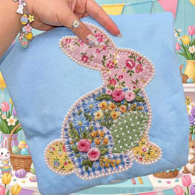May include: A light blue sweatshirt featuring a patchwork bunny design. The bunny is adorned with floral patterns in pink, blue, yellow, and green, outlined with a pearl-like trim. The design includes embroidered flowers, creating a festive Easter theme.