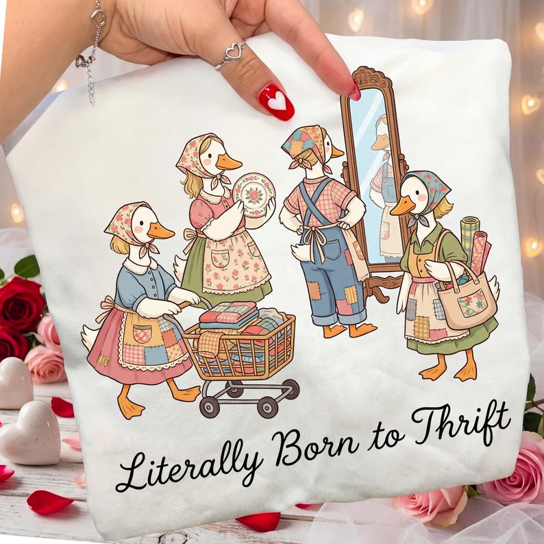 May include: White t-shirt featuring a whimsical illustration of anthropomorphic geese dressed in patchwork aprons and bonnets, engaged in thrifting activities. The phrase "Literally Born to Thrift" is printed in black script below the illustration.