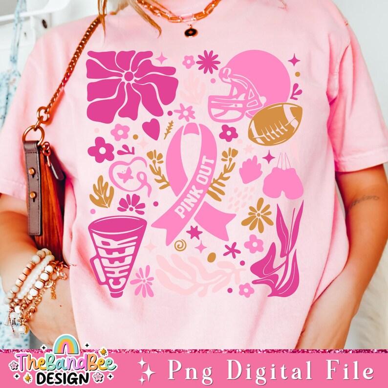 May include: Pink and gold graphic design featuring a pink ribbon, a football helmet, a football, a megaphone, and flowers. The design says "Pink Out".