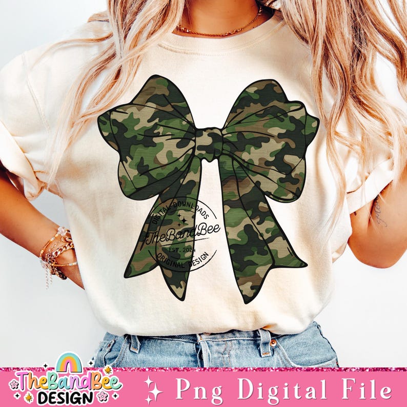 May include: A digital download of a camouflage bow graphic. The bow is green and brown with a black outline. The graphic is perfect for creating t-shirts, mugs, tote bags, and other crafts.