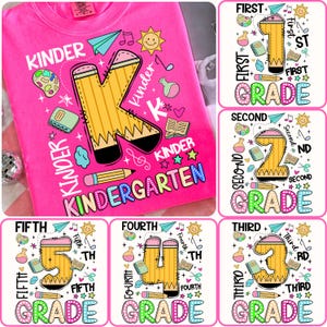 Pu&ograve; includere: Una felpa rosa acceso con una grande "K" a forma di matita gialla per l'asilo. Il design include elementi grafici a tema scolastico e la parola "Kindergarten" in lettere colorate. Ulteriori disegni mostrano i gradi dalla 1a alla 5a elementare.