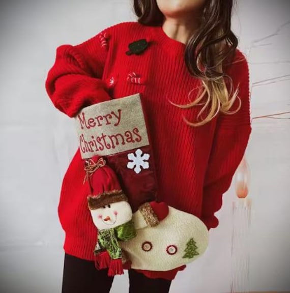 Christmas Sweater Cozy Sweater with Attached Stocking Festive Fun Holiday Apparel christmassock funny winter Santa Claus