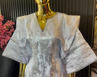 White/Silver Brocade Bubu Dress, African Maxi Kaftan