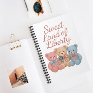 Cahier à spirales patriotique avec ours en peluche, journal Sweet Land of Liberty, jolies fournitures de rentrée, cadeau pour enfants, écriture créative