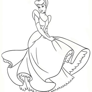 Pode incluir: Um desenho a preto e branco de uma princesa com um vestido de baile e o cabelo preso num coque. Ela está a sorrir e a segurar a saia do seu vestido.
