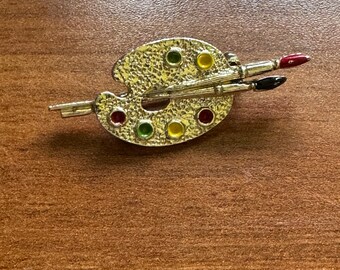 Broche Vintage émaillée Thème Artiste Peintre - Palette & Pinceaux - Dorée - Occasion