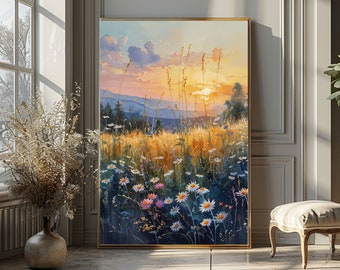 Watercolor Daisy Field Art Print, Botanical Wall Decor (Digital Download)