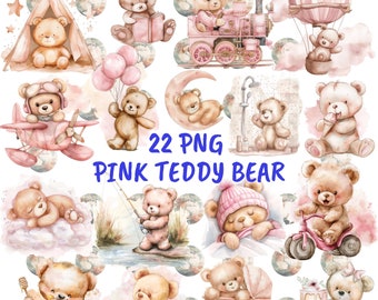 Watercolor Pink Teddy Bear Clipart, Girly Baby PNG (Digital Download)