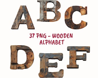 May include: A set of six wooden letters, A, B, C, D, E, and F, in a rustic style. The letters are made of reclaimed wood and have a natural, weathered finish. The letters are arranged in two rows, with the letters A, B, and C in the top row and the letters D, E, and F in the bottom row. The letters are all uppercase and are approximately the same size. The letters are isolated on a white background. The text "37 PNG - WOODEN ALPHABET" is written in pink below the letters.