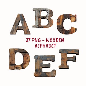 37 números del alfabeto de madera, letras decorativas con vetas de madera, alfabeto digital PNG, letras del alfabeto, ABC PNG, paquete de imágenes prediseñadas