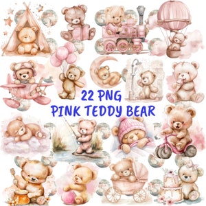22 Watercolor Girly Pink Teddy Bear Clipart, Pink Girl Teddy Bear Baby PNG, Pink Cute Sleeping Bear, Free Commercial Use, Birthday Clipart