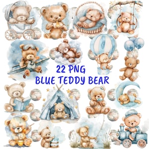 22 Aquarell Blau Teddybär Clipart, niedlichen Teddybär Neugeborenen Png, Blau Junge Baby Dusche Clipart Png, Luftballon Clipart, Bär im Korb