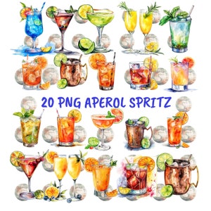 Clipart aquarelle Aperol Spritz, cocktail d'été, téléchargement numérique peint à la main, faire-parts, projets d'artisanat bricolage, oeuvre d'art haute résolution