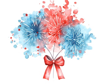 Grandmillenial Bow Sparkler, DTF digitale download voor patriottisch, 4 juli aquarel vuurwerk clipart, vuurwerk onafhankelijkheidsdag png