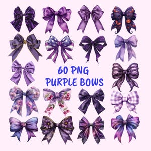 60 Cut Purple Gingham Bow Png,  Watercolor Ribbon Bows Clip Art, Gift Bow Clipart, Digital Coquette Girly Bow Clipart, Purple Ribbon Png