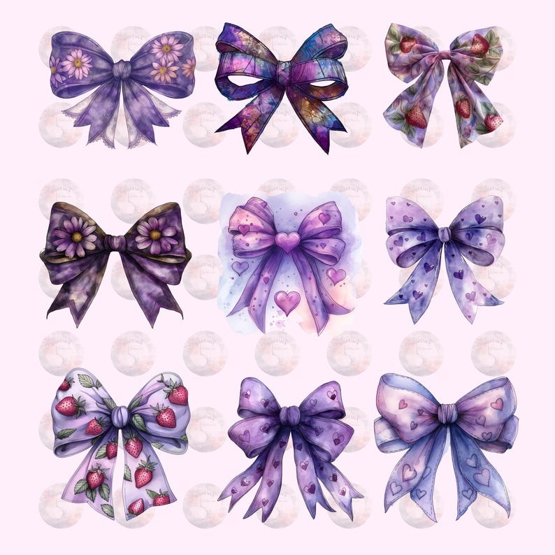 60 Cut Purple Gingham Bow Png,  Watercolor Ribbon Bows Clip Art, Gift Bow Clipart, Digital Coquette Girly Bow Clipart, Purple Ribbon Png