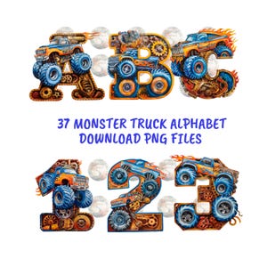 Paquete de imágenes prediseñadas de letras de Monster Truck, imágenes prediseñadas de letras de Monster Truck, alfabeto para bebés y fiestas, letras mayúsculas, letras para estudiantes
