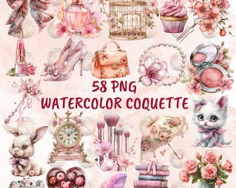Watercolor Coquette Clipart Bundle, Pink Girly Graphics (58 PNG)