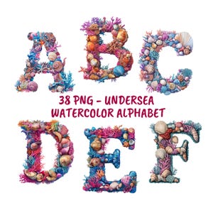Alfabeto de aquarela subaquático com números, clipart PNG, alfabeto oceano PNG, letras em pacote, letras em aquarela, alfabeto doodle PNG, amor no mar PNG