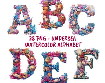 Undersea Watercolor Alphabet Clipart, Ocean Letters (PNG)