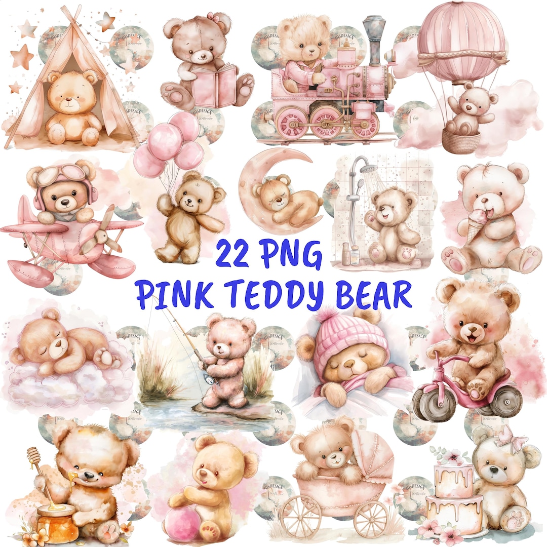 22 Watercolor Girly Pink Teddy Bear Clipart, Pink Girl Teddy Bear Baby ...