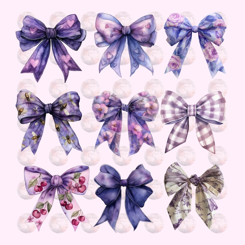 60 Cut Purple Gingham Bow Png,  Watercolor Ribbon Bows Clip Art, Gift Bow Clipart, Digital Coquette Girly Bow Clipart, Purple Ribbon Png