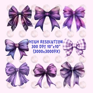 60 Cut Purple Gingham Bow Png,  Watercolor Ribbon Bows Clip Art, Gift Bow Clipart, Digital Coquette Girly Bow Clipart, Purple Ribbon Png