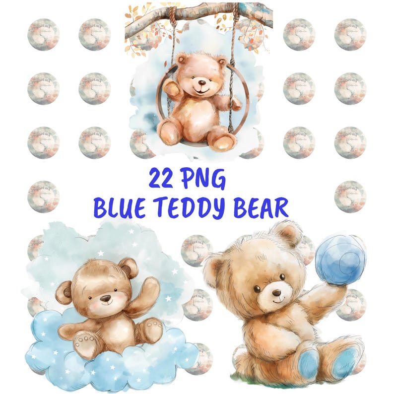 Watercolor Blue Teddy Bear Clipart, Baby Shower PNG (digital Download ...