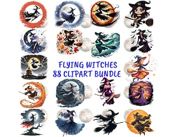 Watercolor Witches on Broomsticks Clipart Bundle, Halloween PNG Graphics (Digital Download)