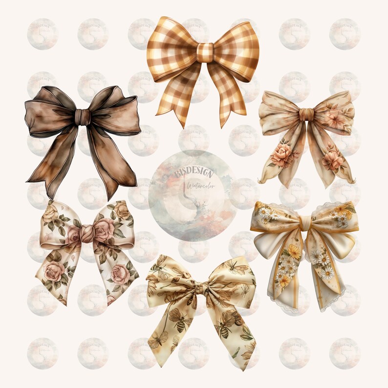 41 Beige Brown Watercolor Bow Png,  Cut Beige Brown Ribbon Bow Clipart, Gingham Bow Png, Decorative Bows Png , Girly Clipart, Commercial Use
