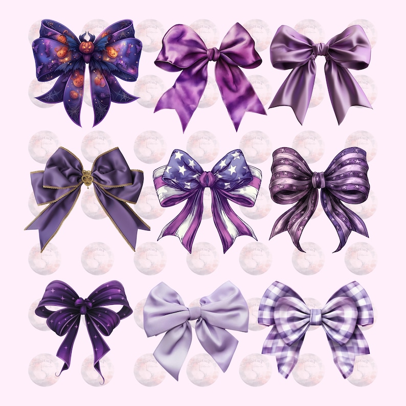 60 Cut Purple Gingham Bow Png,  Watercolor Ribbon Bows Clip Art, Gift Bow Clipart, Digital Coquette Girly Bow Clipart, Purple Ribbon Png