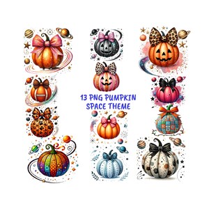 Può includere: Tredici illustrazioni digitali di zucche a tema spaziale. Ogni zucca ha un design diverso ed è circondata da stelle e pianeti. Il testo "13 PNG PUMPKIN SPACE THEME" è al centro dell'immagine.